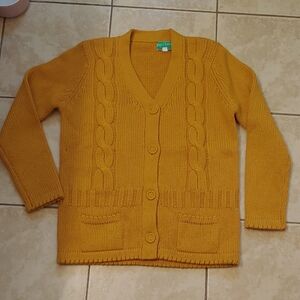 VTG 60s British Vogue Wool Sweater Yellow Cable Knit Cardigan Size M